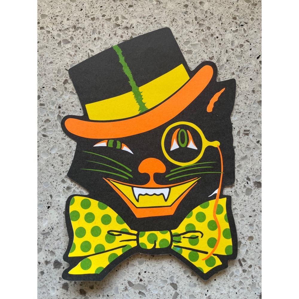 Vintage Beistle Halloween Black Cat Die Cut Decoration Top Hat Monocle USA - Picture 2 of 5